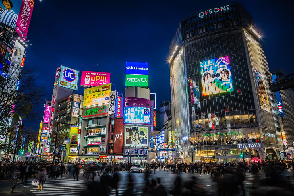 Shibuya Crossing at night in Tokyo, Japan